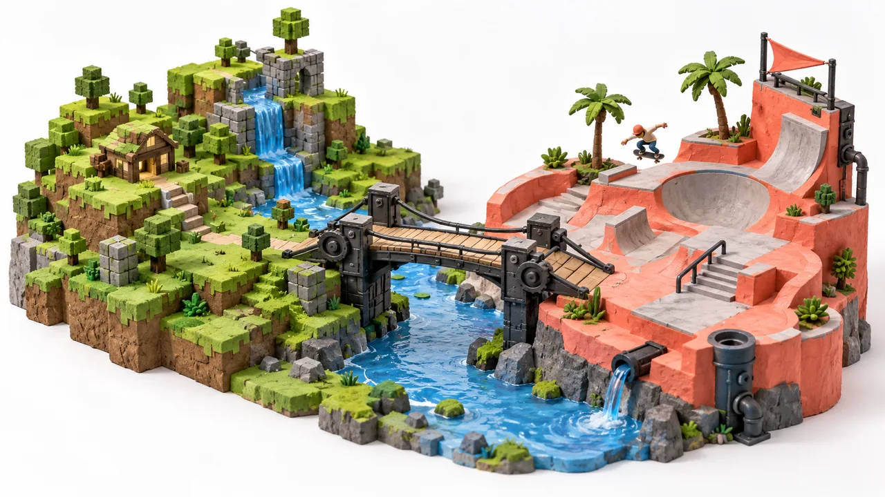 Original miniature block world and skatepark joined by a mechanical bridge