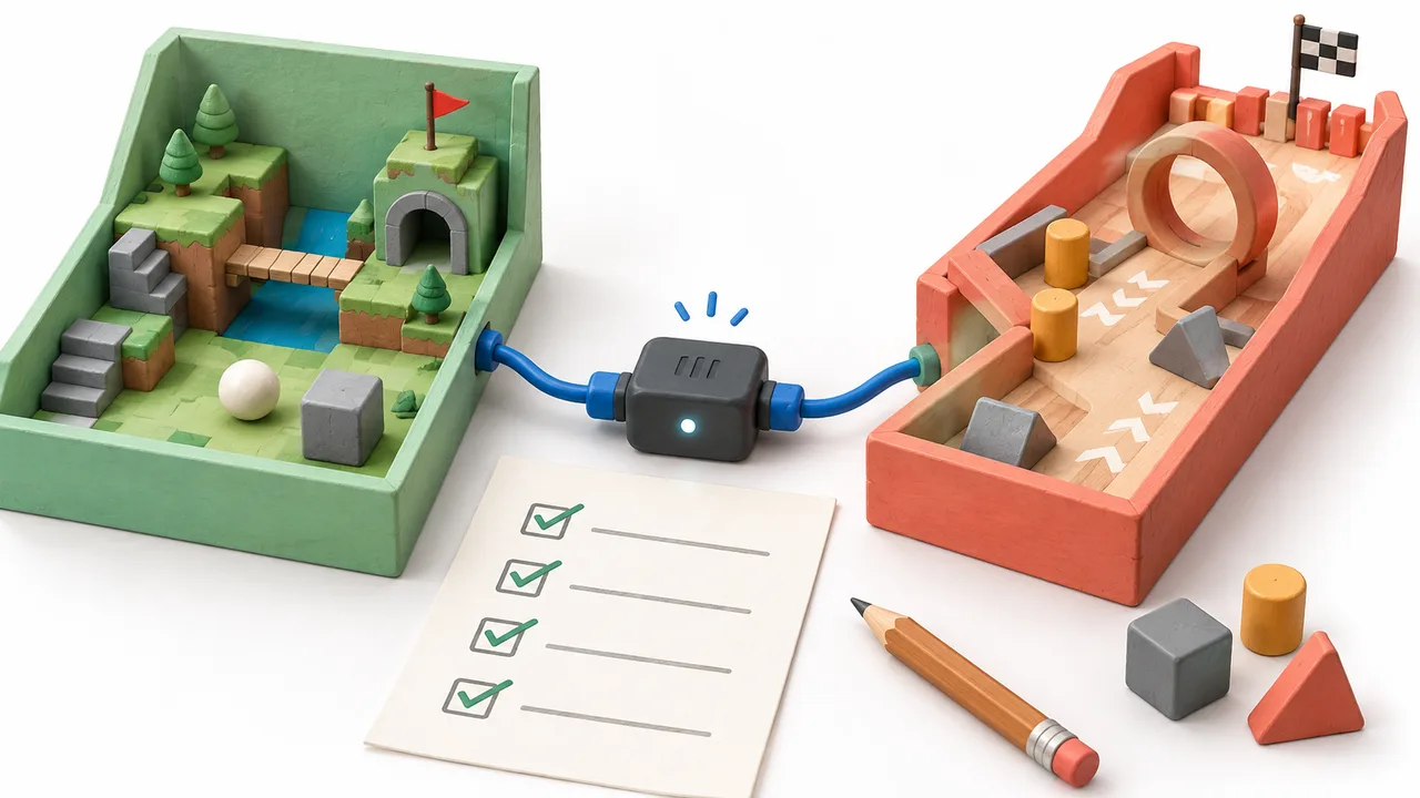Two original miniature game boards linked by one blue cable beside a checklist