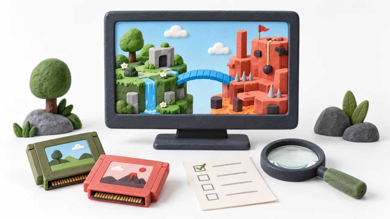 Conceptual desktop monitor showing two original toy worlds with game cartridges and a magnifying glass