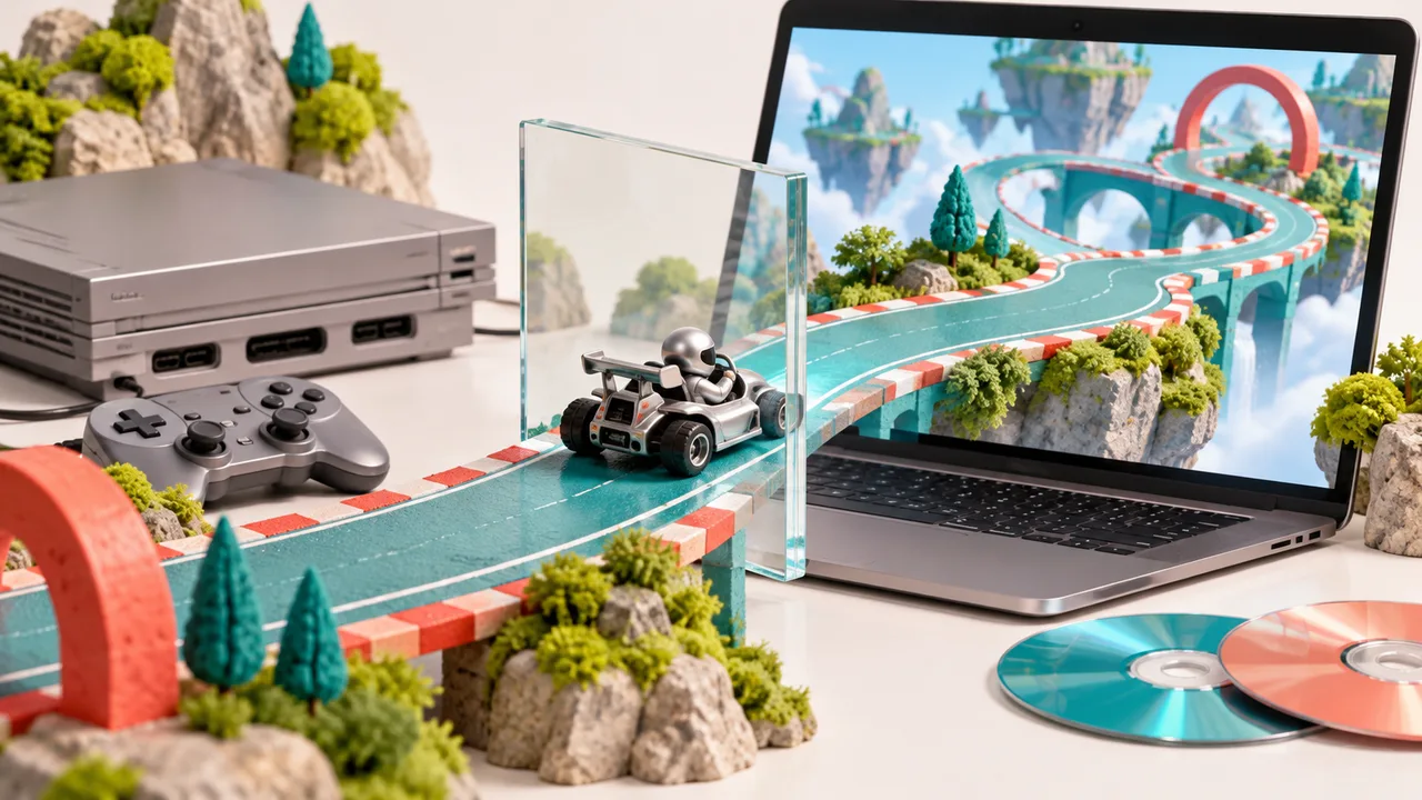 Original miniature racing track connecting an unbranded console and laptop