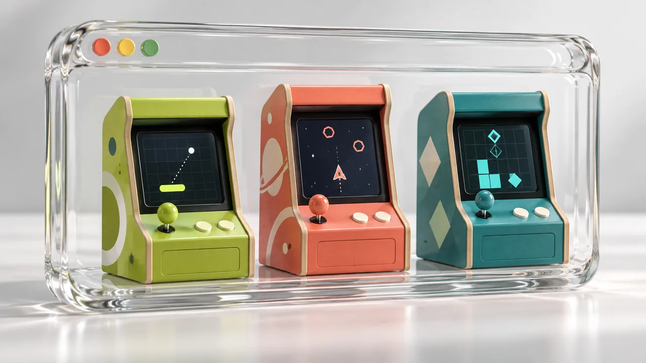 Three miniature arcade cabinets inside a transparent browser-shaped frame