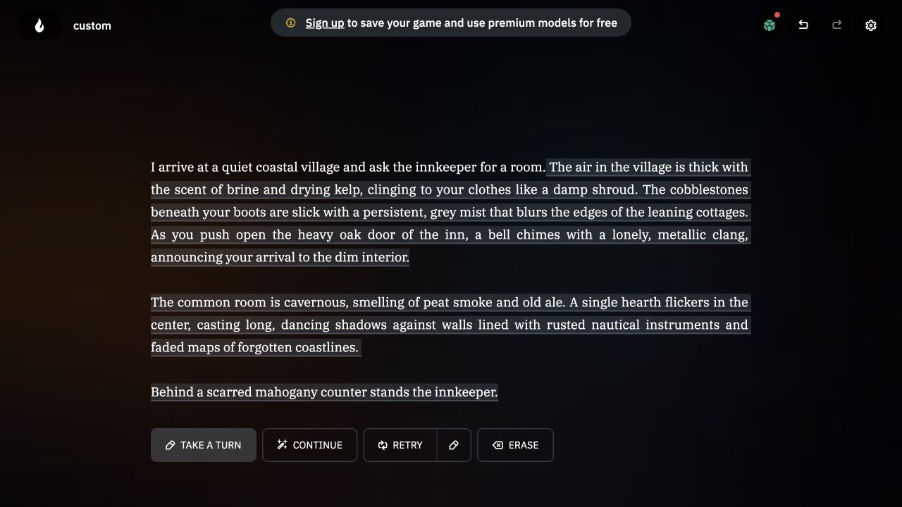 AI Dungeon guest Quick Play with an actual narrated coastal-village scene