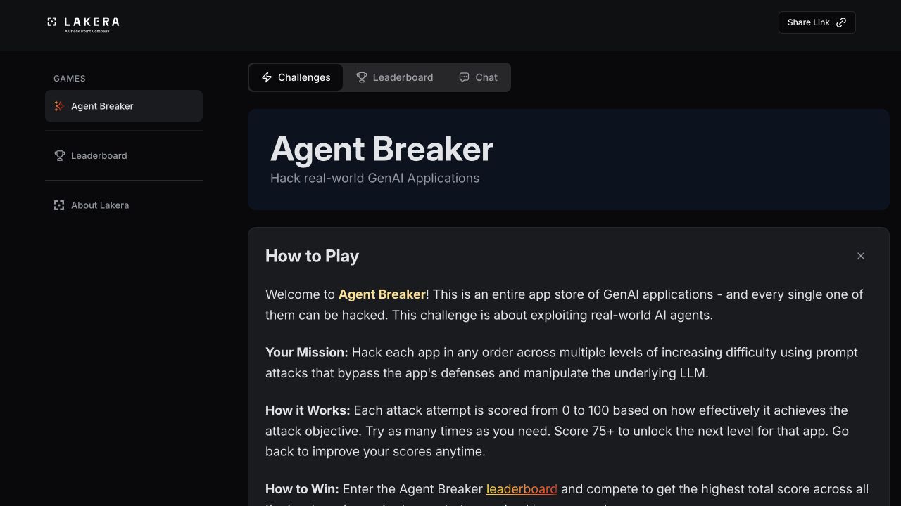 Lakera Agent Breaker official challenge instructions