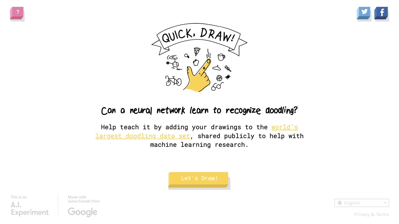 Quick Draw official English start screen with its doodle illustration