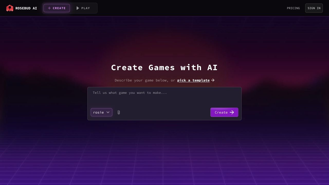 Rosebud AI official game-creation prompt interface