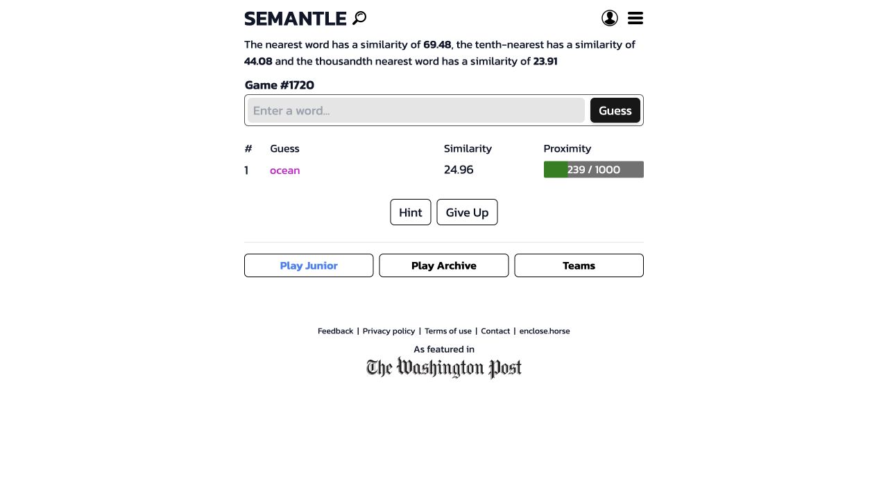Semantle daily game showing a submitted ocean guess
